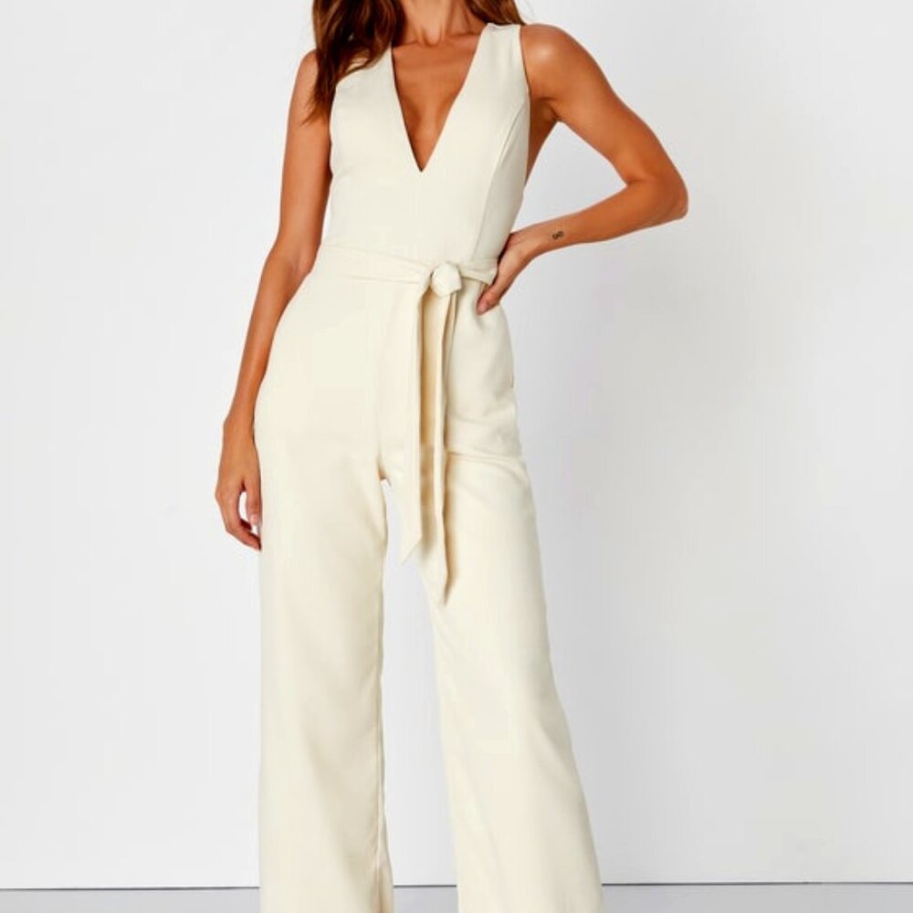 Lulus Dramatically Modern Cream Sleeveless Jumpsuit White - Size XS